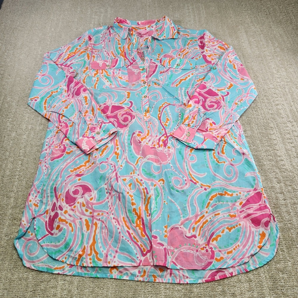 Lilly Pulitzer Captiva Tunic Top Women Large Shirt Blue What A Racquet 54519